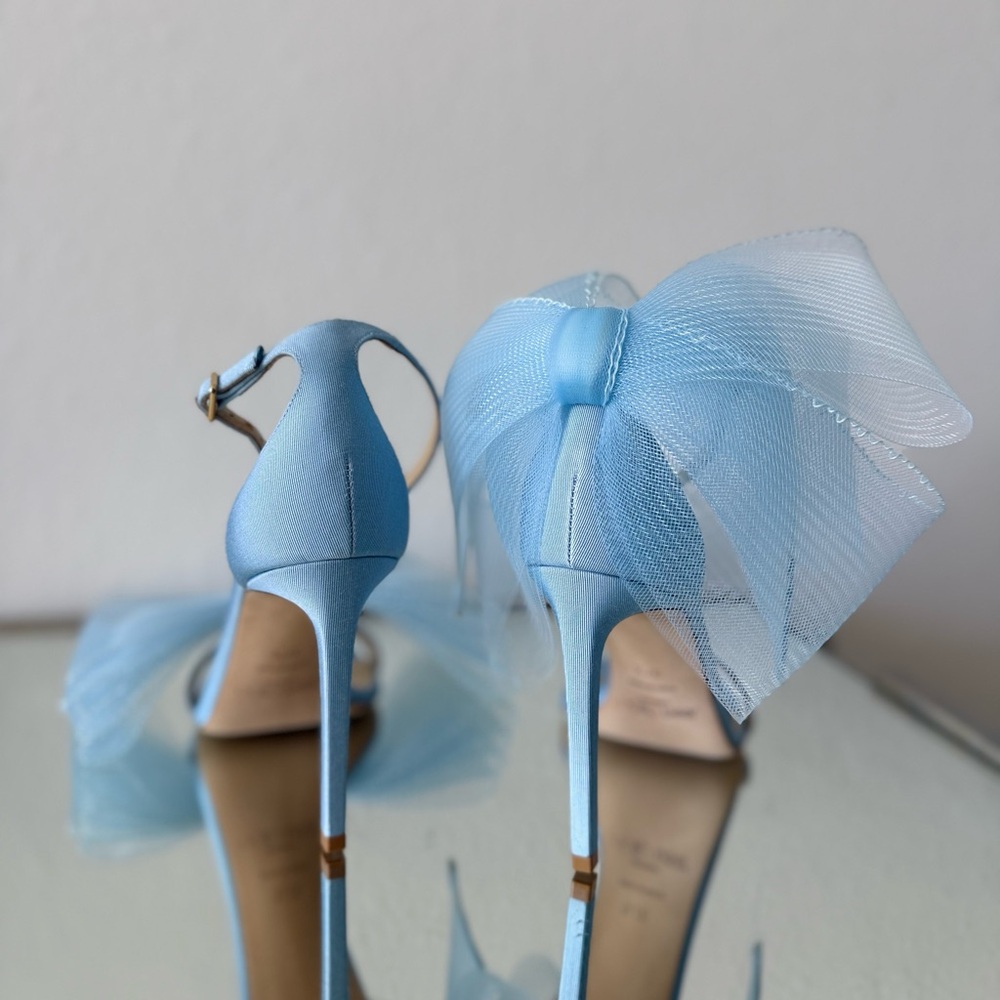 New Jimmy Choo Blue Aveline 100 Bow-trimmed Sandals $1,195 37.5 - Picture 9 of 13